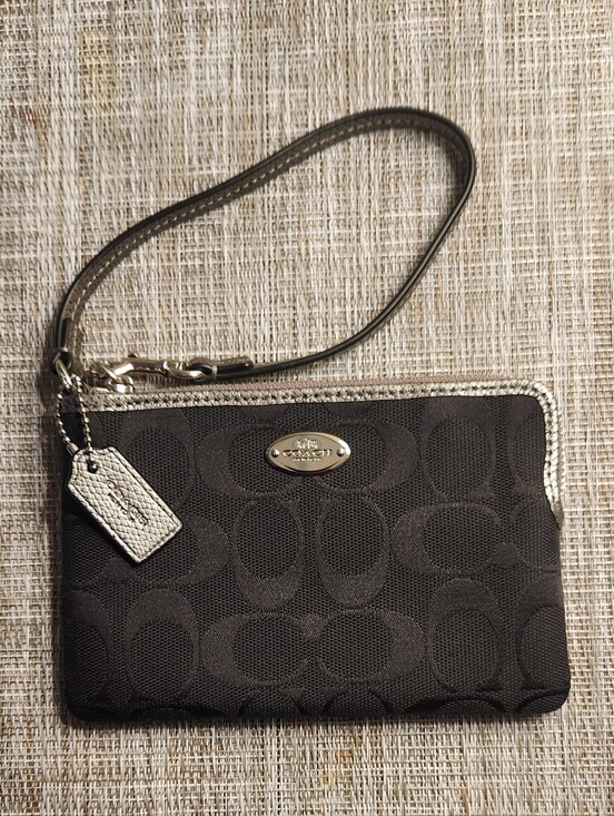 Coach Handbags - Coach Black Signature  Canvas Wristlet with Metallic Silver Accents